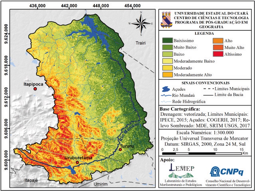 Mapa do potencial de escoamento superficial na bacia do rio Mundaú
							pelo método da Média Ponderada Ordenada - risco baixo (37,5%) e
							compensação de 92%