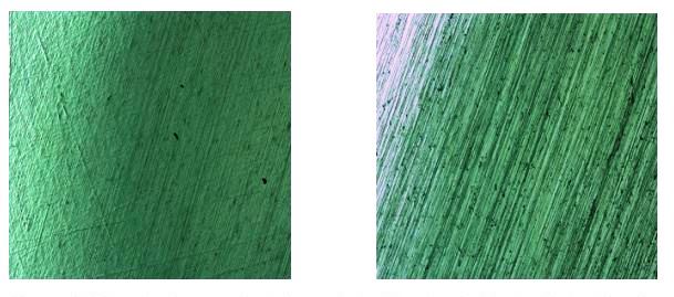 Vista al microscopio de la probeta 1.1 antes del tratamiento  trmico (izquierda) y despus del tratamiento trmico (derecha)