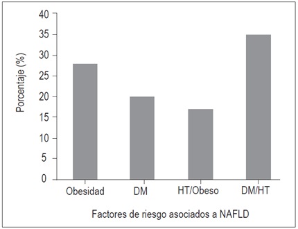 Porcentaje de las frecuencias de las patolog&iacute;as asociadas a NAFLD. Diabetes mellitus (DM), hipertensi&oacute;n (HT)