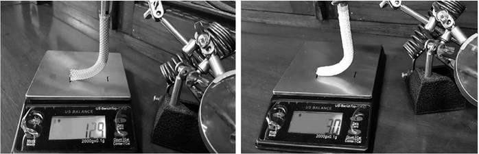 Medici&oacute;n de la fuerza axial de los 2 stents, siendo tres veces mayor en el stent convencional sobre el stent flower (12,9 vs. 3,0).