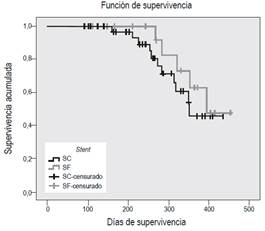 Funci&oacute;n de supervivencia de los pacientes con patolog&iacute;a biliar maligna seg&uacute;n el tipo de stent.
