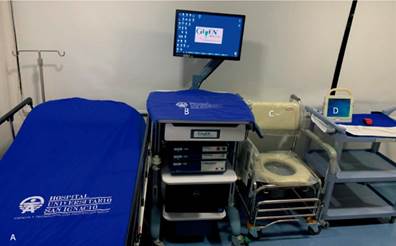 Laboratorio de motilidad gastrointestinal. A. Camilla de procedimiento. B. ManoScan Medtronic, Given Imaging. Sistema de manometr&iacute;a de alta resoluci&oacute;n. C. Silla de simulaci&oacute;n defecatoria. D. Biofeedback Cybermed