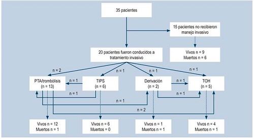 Flujograma de tratamiento. Inicialmente, 1 paciente fue remitido a angioplastia y despu&eacute;s recibi&oacute; tromb&oacute;lisis. PTA: angioplastia transluminal percut&aacute;nea (Percutaneus Transluminal Angioplasty); TIPS: derivaci&oacute;n portosist&eacute;mica intrahep&aacute;tica transyugular (Transjugular Intrahepatic Portosystemic Shunt); TOH=Trasplante ortot&oacute;pico hep&aacute;tico.