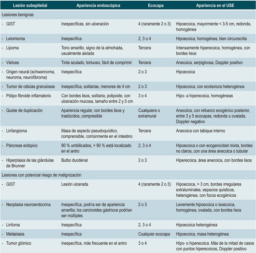 Caracter&iacute;sticas endosc&oacute;picas y endosonogr&aacute;ficas de las lesiones subepiteliales en el tracto digestivo