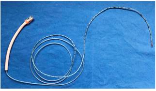 Cat&eacute;ter de pH-impedanciometr&iacute;a (un sensor de pH y 8 sensores de impedanciometr&iacute;a) Fuente: propiedad de los autores.