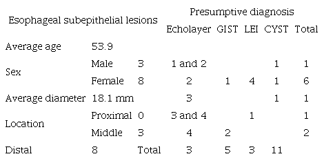 Endosonographic characteristics and presumptive diagnoses of esophageal subepithelial lesions