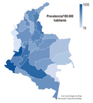 Prevalence by Department of Acute Cholecystitis per 100,000 Inhabitants in Colombia between 2018 and 2022. Source: Individual Records of Health Service Provision (RIPS), official SISPRO data.