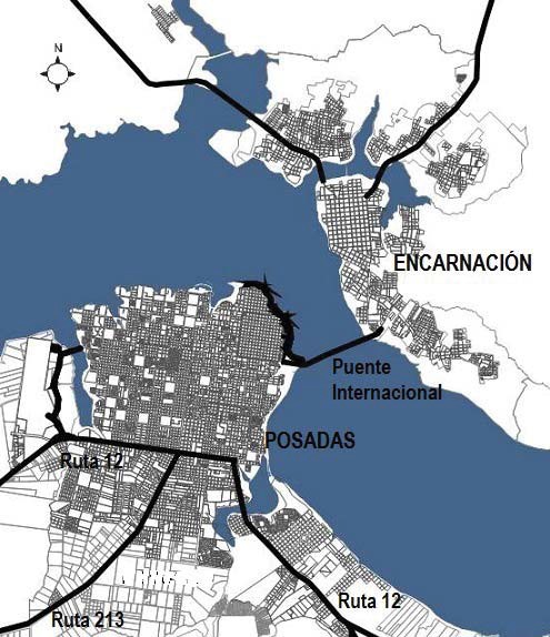 Posadas y Encarnaci&oacute;n antes y despu&eacute;s del embalse, una vez alcanzada la cota 83 msnm