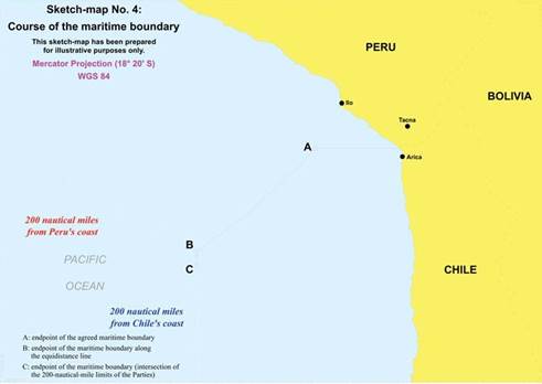 Mapas del Fallo de la Corte Internacional de Justicia, en el caso del Per&uacute; contra Chile, en relaci&oacute;n de la zona en controversia y de la resoluci&oacute;n de la Corte