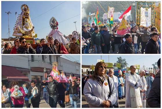 Procesi&oacute;n: En la imagen 1 (arriba a la izquierda) puede observarse a la Virgen de Copacabana (izquierda) y a la de Luj&aacute;n (derecha). Las im&aacute;genes 2 y 3 (arriba a la derecha y abajo a la izquierda), muestran a los fieles llevando en andas las advocaciones. En la imagen 4 puede verse a los sacerdotes que auspiciaron la misa. En este conjunto de im&aacute;genes se percibe tambi&eacute;n la presencia de s&iacute;mbolos identitarios como las banderas boliviana, argentina y de Tarija (blanca y roja) o la escarapela boliviana.