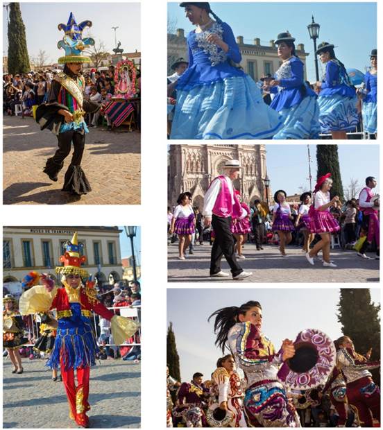 Cuerpos diversos, cuerpos h&iacute;bridos: Imagen 37 y 38 (izquierda), los cuerpos masculinos de la kullawada despliegan movimientos asociados con lo femenino. Imagen 39 (arriba a la derecha), las trans participan en la morenada desde hace d&eacute;cadas. Imagen 40 (derecha, centro), un sacerdote y una monja abandonan los h&aacute;bitos que vest&iacute;an en la ceremonia lit&uacute;rgica para unirse a una compa&ntilde;&iacute;a de danza. Imagen 41, las &ldquo;machas&rdquo; del caporal desempe&ntilde;an el mismo rol que los hombres en la danza.