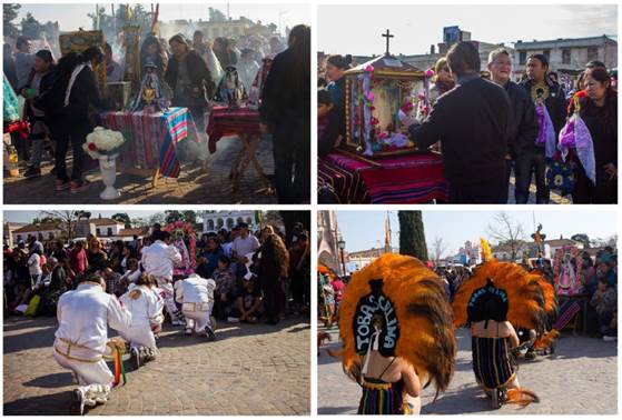 Santos y advocaciones marianas: En las im&aacute;genes 5 y 6 (arriba) se puede observar a las familias con sus figuras religiosas. Se ubican en la Plaza Belgrano, de frente a la Bas&iacute;lica y a los escenarios, dentro del circuito de la procesi&oacute;n y de las danzas delimitado por vallas. En las im&aacute;genes 7 y 8, se ve a los bailarines que hacen un alto para arrodillarse frente a alguna advocaci&oacute;n.