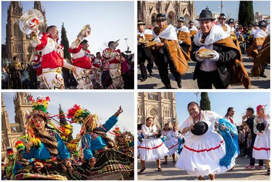 Las Danzas: Imagen 9 (arriba a la izquierda), la danza Caporal, derivada de la Saya Yungue&ntilde;a, naci&oacute; en 1971 en el contexto de la festividad del Gran Poder. Es una expresi&oacute;n sat&iacute;rica del trabajo de los esclavos en las minas y en los vi&ntilde;edos, y resalta la fuerza y la sensualidad. Imagen 10 (arriba a la derecha) la Morenada es una danza del altiplano inspirada en la esclavitud cuyo origen se remonta a la &eacute;poca colonial. Imagen 11 (abajo a la izquierda), el Tinku (lit. &ldquo;encuentro&rdquo;), es una danza moderna que evoca un combate ritual del per&iacute;odo preincaico. Simboliza la lucha entre diferentes comunidades, estaba dedicada a la Pachamama a quien se imploraba por la buena cosecha, e implicaba el derramamiento de sangre y hasta la p&eacute;rdida de la vida. Imagen 12, la Saya Yungue&ntilde;a es una manifestaci&oacute;n cultural de las comunidades afrobolivianas, originaria de la regi&oacute;n de los yungas del Departamento de La Paz.