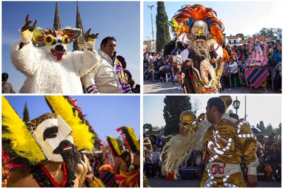 Personajes: Imagen 31 (arriba a la izquierda), el oso es un personaje popular que aparecen en danzas como la morenada y la diabladada. Surgi&oacute; de la transformaci&oacute;n del jukumari (oso andino) en un oso polar. Imagen 32 (arriba a la derecha), el brujo/abuelo es un personaje de la danza de los tobas. Es originaria del altiplano y representa a los pueblos del Oriente boliviano. Imagen 33 (abajo a la izquierda), m&aacute;scara de a&ntilde;a, personaje gracioso vinculado al esp&iacute;ritu de los antepasados, originario del Chaco boliviano. Imagen 34, m&aacute;scara de un caporal que representa a un esclavo negro.