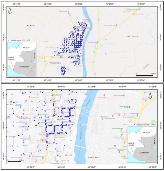 Localizaci&oacute;n de unidades de comercio al por menor de las ramas 4611 y 4612 en la localidad de Ciudad Hidalgo, Municipio de Suchiate del Estado de Chiapas