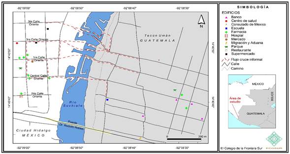 Paso formal en el puente &ldquo;Dr. Rodolfo Robles&rdquo; y pasos informales sobre el r&iacute;o Suchiate, en la localidad de Ciudad Hidalgo, Municipio de Suchiate del Estado de Chiapas