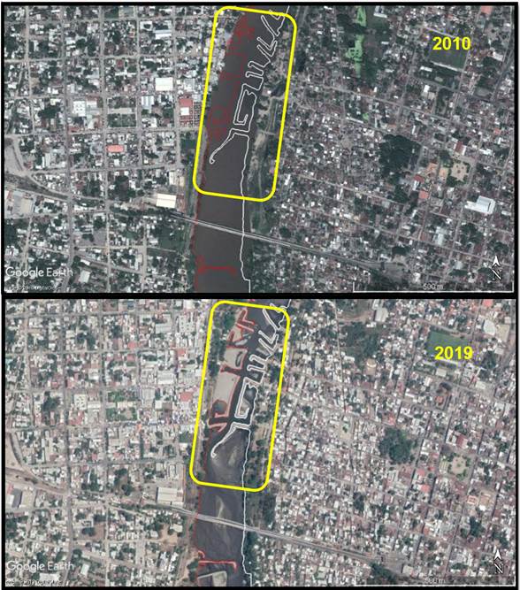 Contraste de im&aacute;genes satelitales 2010 y 2019 de los mont&iacute;culos en los pasos informales sobre el r&iacute;o Suchiate, en la localidad de Ciudad Hidalgo, Municipio de Suchiate del Estado de Chiapas