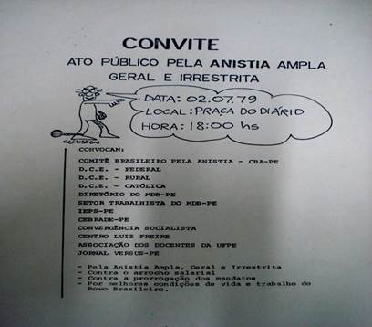Convite para ato público pela
anistia na Praça do Diário, Recife,02/07/1979.