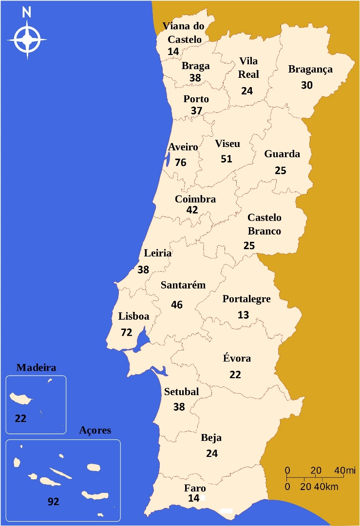 Figura 3 - Mapa de Portugal por Distritos e número de
bandas filarmônicas  

por Distrito e Regiões Autônomas