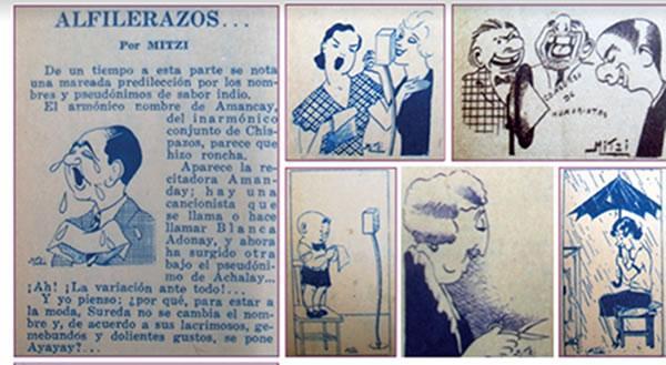 Las vi�etas firmadas por Mitzi (m�s conocida por el seud�nimo de actriz c�mica de radioteatro, &ldquo;Nini Marshall&rdquo;) ilustraban su mordaz columna sobre espect�culos en la Revista Sinton�a a�o (1933). All�, la dibujante y escritora criticaba a colegas, opinaba sobre la participaci�n de las mujeres en los medios de comunicaci�n y mostraba su versatilidad para hacer humor en distintos soportes