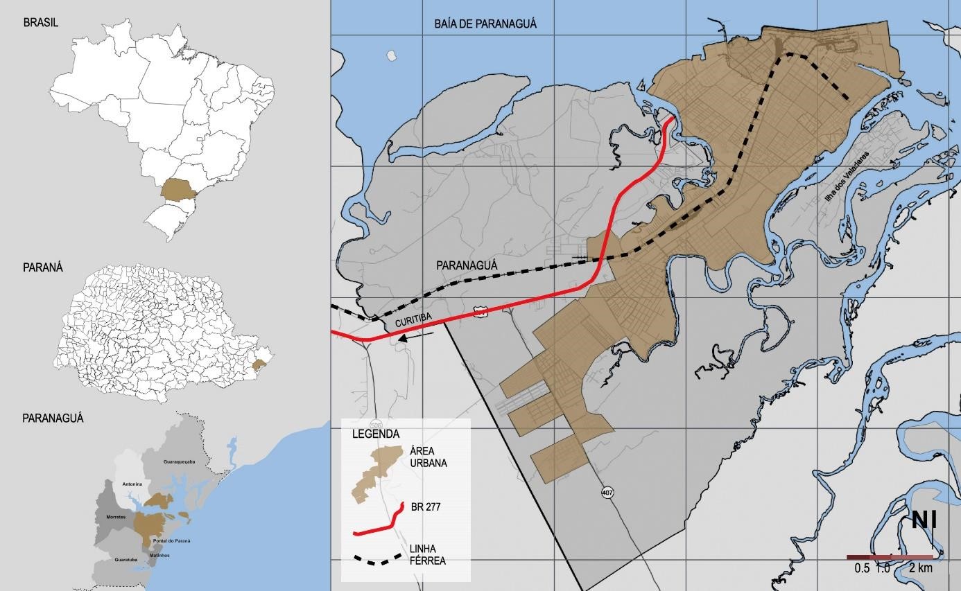 Mapa de localizao do municpio de Paranagu no pas e no estado,  com destaque para sua a zona urbana