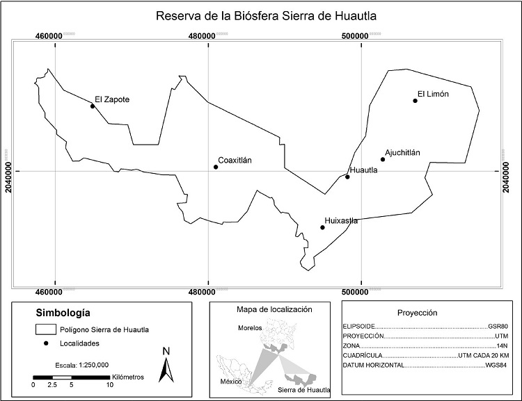 Localización de la Reserva de la Biosfera Sierra de Huautla y de las comunidades incluidas en el estudio.