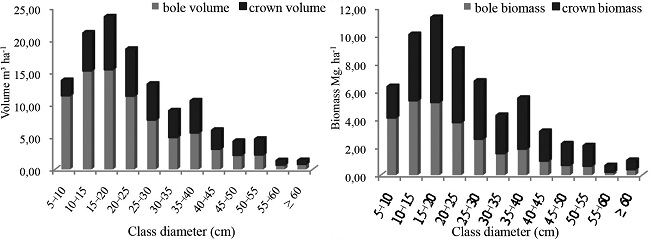 Tree community production regarding volume (m3·ha-1) and dry biomass (Mg·ha-1) per diameter class, in a ‘cerradão’ area.