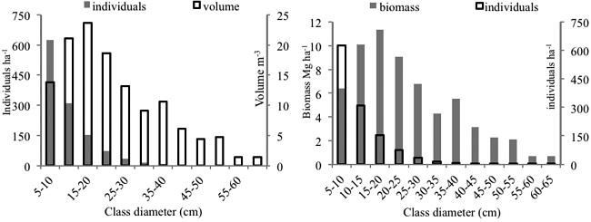 Distribution of volume (m3·ha-1), dry biomass (Mg·ha-1) and number of trees per Dhb class, in a ‘cerradão’ area.