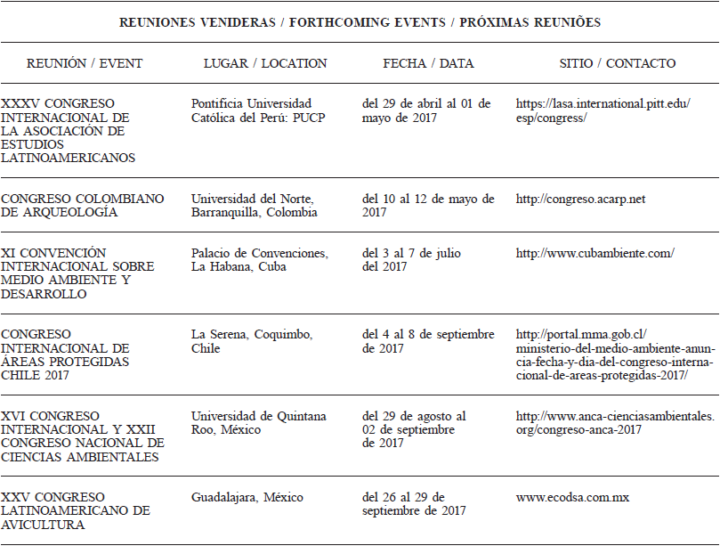 REUNIONES VENIDERAS / FORTHCOMING EVENTS / PRÓXIMAS REUNIÕES