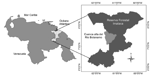 Ubicaci&oacute;n relativa de la Reserva Forestal Imataca y de la cuenca alta del r&iacute;o Botanamo. Sistema de coordenadas proyectadas WGS_1984. Sistema de Proyecci&oacute;n Geogr&aacute;fica UTM (Universal Transverse Mercator), zona 20N.