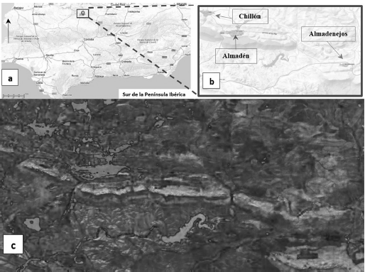 Localizaci&oacute;n del &aacute;rea de estudio. a: situaci&oacute;n geogr&aacute;fica del &aacute;rea de estudio, b: &aacute;rea de estudio, c: resultado de fusi&oacute;n de im&aacute;genes parcial efectuada mediante la metodolog&iacute;a de Ram&iacute;rez- Juid&iacute;as et al. (2015).