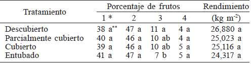 PORCENTAJE DE FRUTOS DE JITOMATE POR PESO Y RENDIMIENTO POR EFECTO DE CUATRO SISTEMAS DE CONDUCCI&Oacute;N DE LA SOLUCI&Oacute;N NUTRITIVA DRENADA DESDE LAS MACETAS Y CONDUCIDA HACIA LOS RESERVORIOS PARA SU RECIRCULACI&Oacute;N EN UN SISTEMA HIDROP&Oacute;NICO CERRADO, EN UN CICLO DE MARZO A NOVIEMBRE DE 2014 (N= 4).