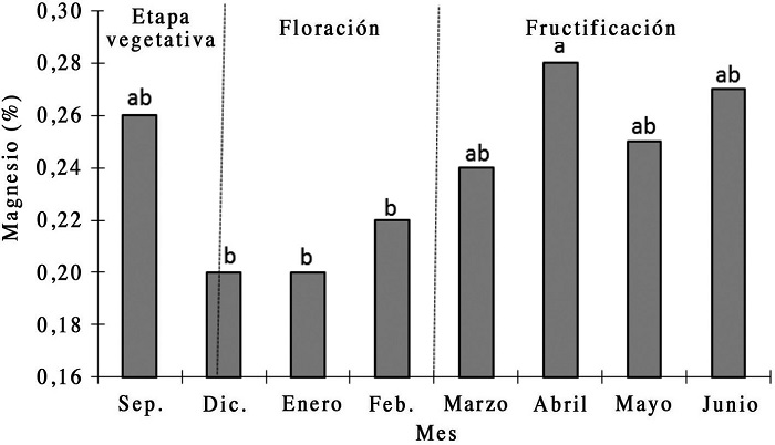 Dinámica de magnesio en árboles de litchi cv Brewster de ocho años de edad, en diferentes etapas fenológicas, ubicados en el Cerro del Tigre, Tepic, Nayarit. Pr>F= 0,0001; diferencia mínima significativa= 0,05; coeficiente de variación= 27,90%.