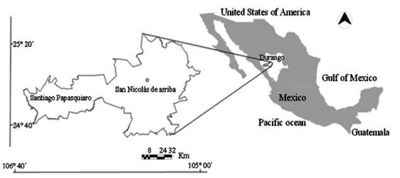 Santiago Papasquiaro, Durango, Mexico. The Circle indicates the orchard location.