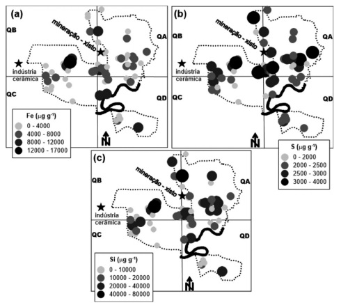 Distribui&ccedil;&atilde;o das concentra&ccedil;&otilde;es de Fe (a), S (b) e Si (c) obtidas em cascas de &aacute;rvores de S&atilde;o Mateus do Sul.