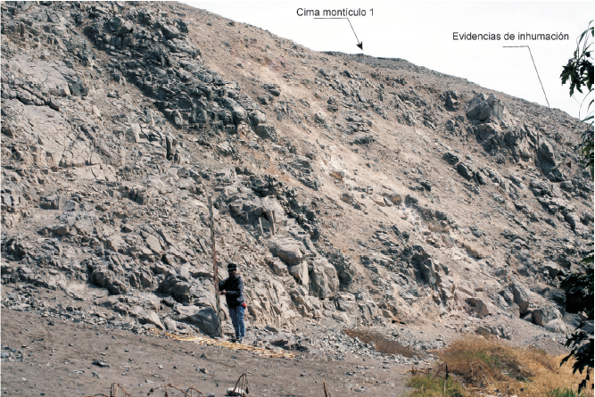 Entierro ubicado en la pared del abrupto mont&iacute;culo 1, asentamiento de San Lorenzo.