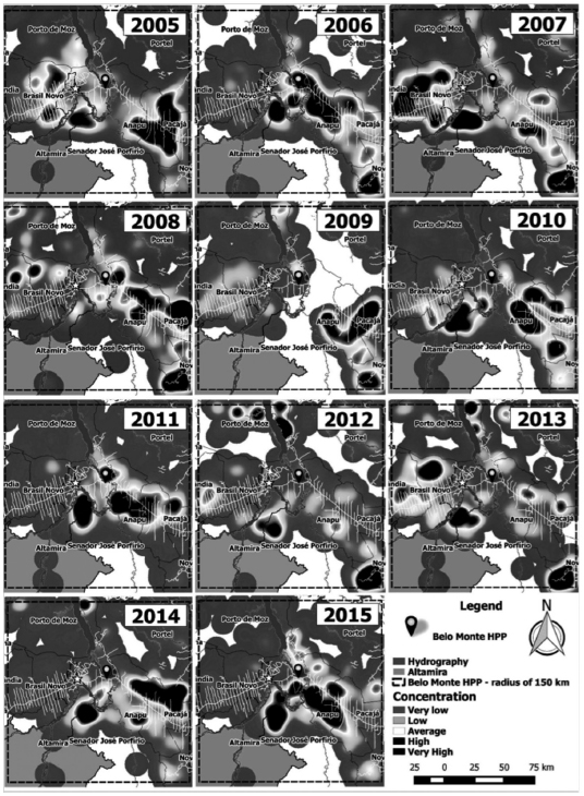Spatial distribution of deforestation around the Belo Monte HPP (2005-2015).