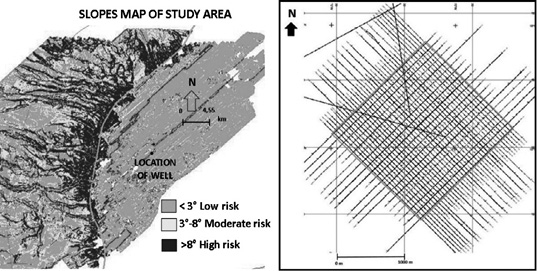 Map of slopes from the study area and design of the acquisition grid of geophysical information.