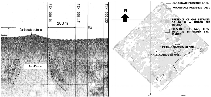 Evidences of gas presence and risk zoning in the study area.