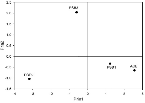 Distribución gráfica de los tratamientos en el crecimiento y desarrollo de plantas
de frijol bajo condiciones semi-controladas, de acuerdo
con los primeros dos componentes principales