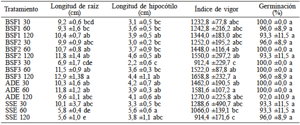 EFECTO DE LA INTERACCIÓN COINÓCULOS BSF × TIEMPO DE IMBIBICIÓN EN LA GERMINACIÓN
in vitro DE SEMILLAS DE FRIJOL (Phaseolus vulgaris L.)