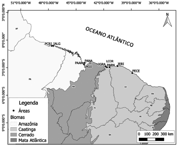 Localização geográfica da Praia de Panaquatira (presente estudo) no estado do
Maranhão, e distribuição das demais áreas utilizadas na análise de similaridade
florística ao longo do litoral amazônico e nordestino setentrional brasileiro