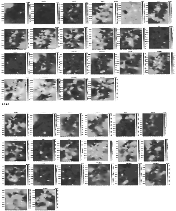 Mapas de densidad poblacional
de Scirtothrips sp.
correspondientes a la parcela 1 para el a&ntilde;o 2014 y 2015