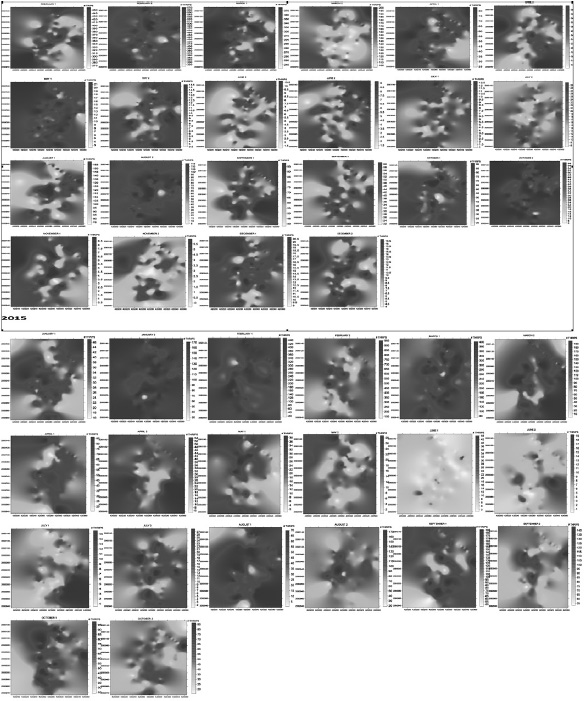 Mapas de densidad poblacional de
Scirtothrips sp.
correspondientes a la parcela 2 para el a&ntilde;o 2014 y 2015