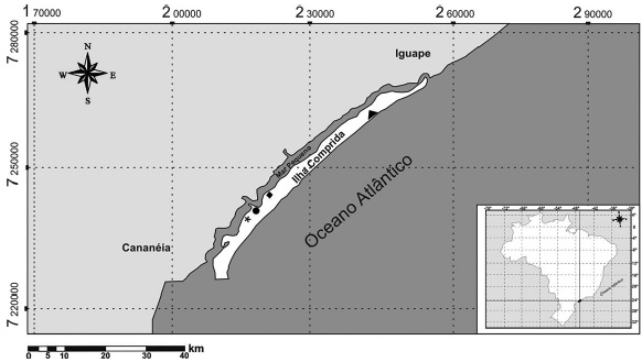 Localização das comunidades caiçaras Juruvaúva (*), Pedrinhas (●) e Ubatuba (■) no mapa
de Ilha Comprida - São Paulo, Brasil, em relação ao Boqueirão da Ilha (▲)