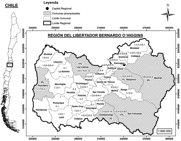 Región del Libertador
O’Higgins con sus comunas mostrando el porcentaje del total de bosque esclerófilo
y de cada situación de bosque, en relación a la Región