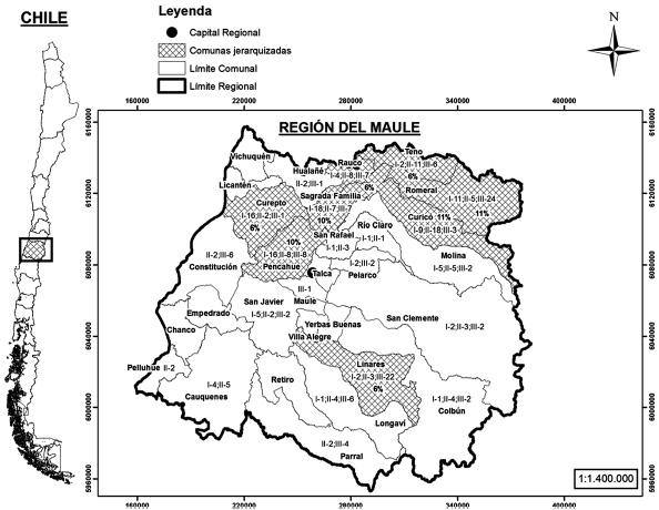 Región del Maule con sus comunas mostrando el porcentaje
del total de bosque esclerófilo y de cada situación de bosque, en relación a la
Región
