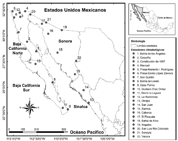Localización de las Estaciones Meteorológicas
Automatizadas en el noroeste de México