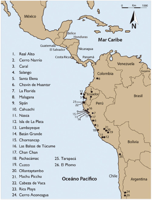 Algunos sitios arqueológicos
donde se han encontrado evidencias en el uso de Spondylus en Suramérica