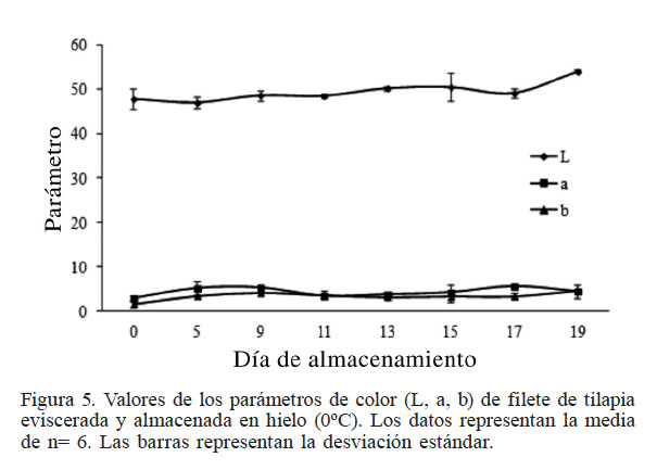 Valores de los par&aacute;metros de color (L, a, b) de filete de
tilapia eviscerada y almacenada en hielo (0&ordm;C). Los datos representan la media
de n= 6. Las barras representan la desviaci&oacute;n est&aacute;ndar.
